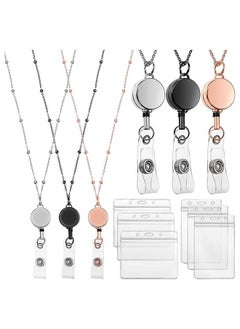 Retractable Badge Reel Lanyard with ID Holder, 3 Pcs Beaded Lanyards Stainless Steel ID Badge Necklace Set, Waterproof Name Badge Holder Clip for Office Women Men (Rose Gold, Black, Silver)