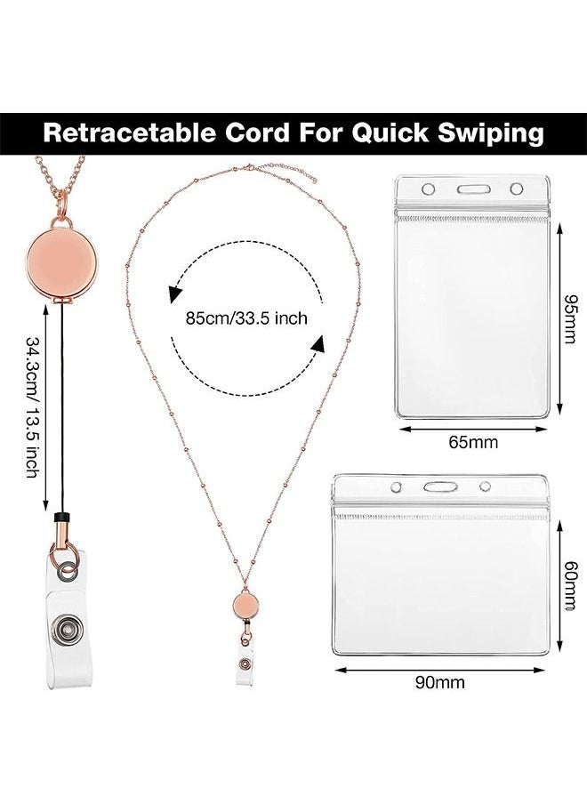 MVAQKLM  - Retractable Badge Reel Lanyard with ID Holder, 3 Pcs Beaded Lanyards Stainless Steel ID Badge Necklace Set, Waterproof Name Badge Holder Clip for Office Women Men (Rose Gold, Black, Silver) - Image 1