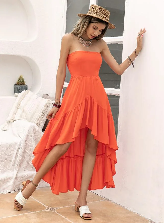 Take Two Take Two Solid Bandeau Neck Ruffle Hem A-Line Midi Dress