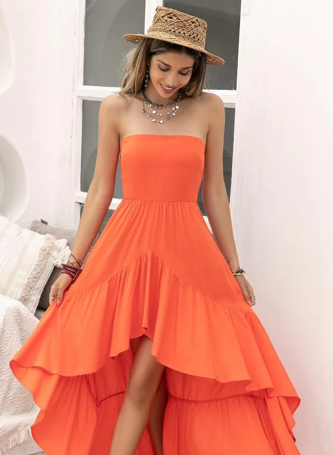 Take Two Take Two Solid Bandeau Neck Ruffle Hem A-Line Midi Dress