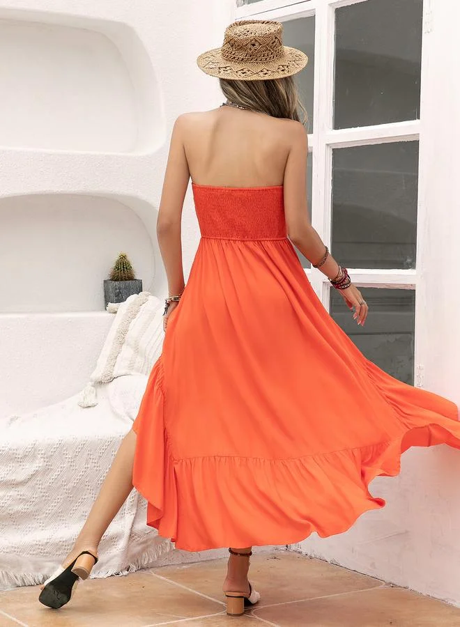Take Two Take Two Solid Bandeau Neck Ruffle Hem A-Line Midi Dress