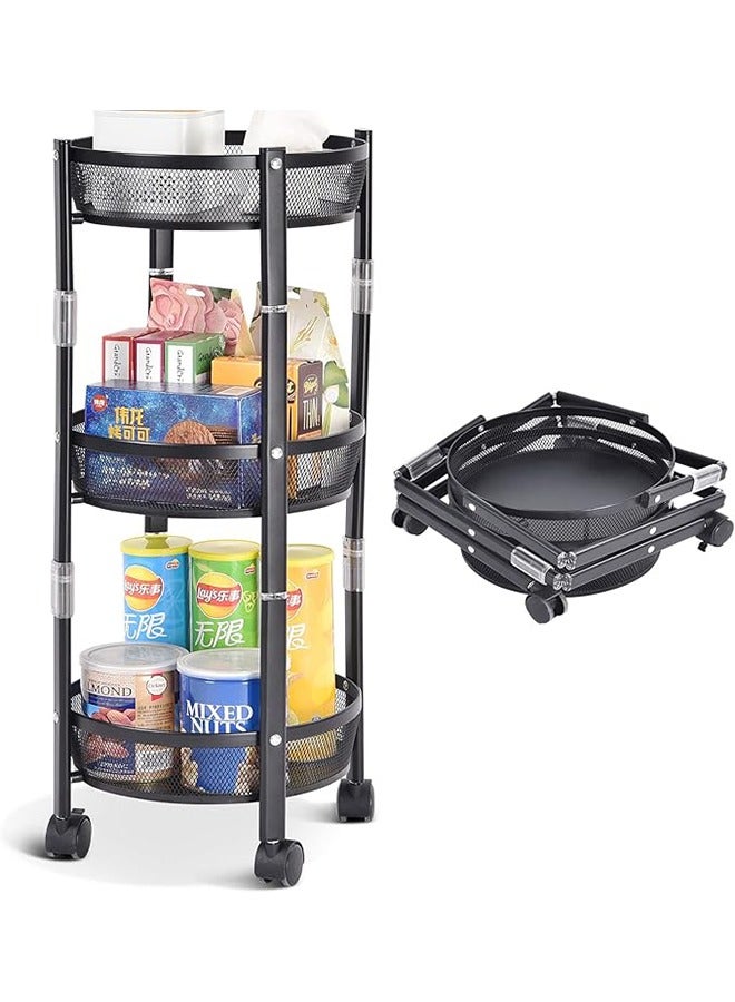 RollsTimi  3-Tier Foldable Storage Cart, Rolling Fruit Vegetable Basket Stand with 3 Metal Mesh Baskets, Kitchen Rolling Storage Basket on Wheels for Pantry, Dining Room, Living Room,Black - Image 1