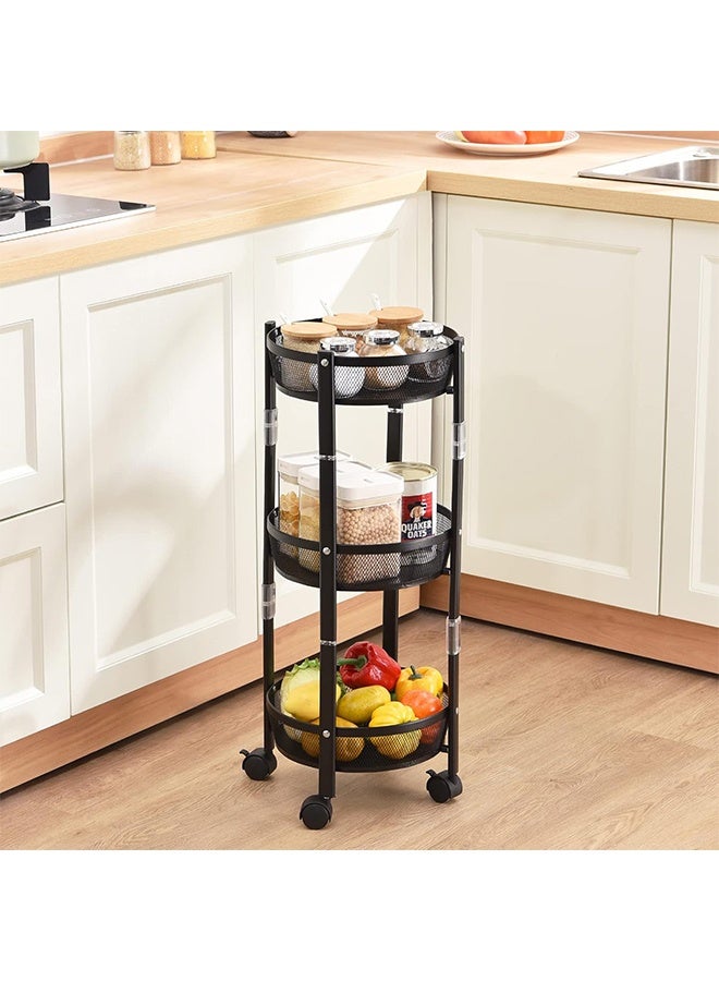 RollsTimi  3-Tier Foldable Storage Cart, Rolling Fruit Vegetable Basket Stand with 3 Metal Mesh Baskets, Kitchen Rolling Storage Basket on Wheels for Pantry, Dining Room, Living Room,Black - Image 3