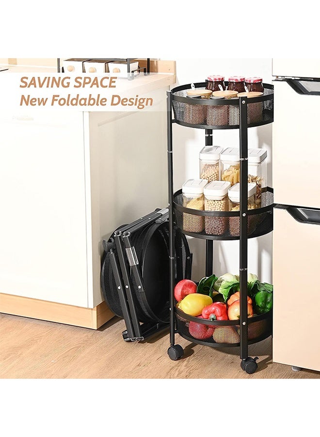 RollsTimi  3-Tier Foldable Storage Cart, Rolling Fruit Vegetable Basket Stand with 3 Metal Mesh Baskets, Kitchen Rolling Storage Basket on Wheels for Pantry, Dining Room, Living Room,Black - Image 4