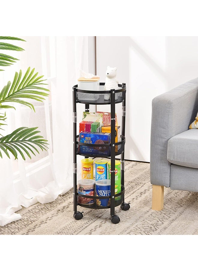 RollsTimi  3-Tier Foldable Storage Cart, Rolling Fruit Vegetable Basket Stand with 3 Metal Mesh Baskets, Kitchen Rolling Storage Basket on Wheels for Pantry, Dining Room, Living Room,Black - Image 2