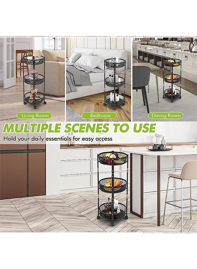 RollsTimi  3-Tier Foldable Storage Cart, Rolling Fruit Vegetable Basket Stand with 3 Metal Mesh Baskets, Kitchen Rolling Storage Basket on Wheels for Pantry, Dining Room, Living Room,Black - Image 5