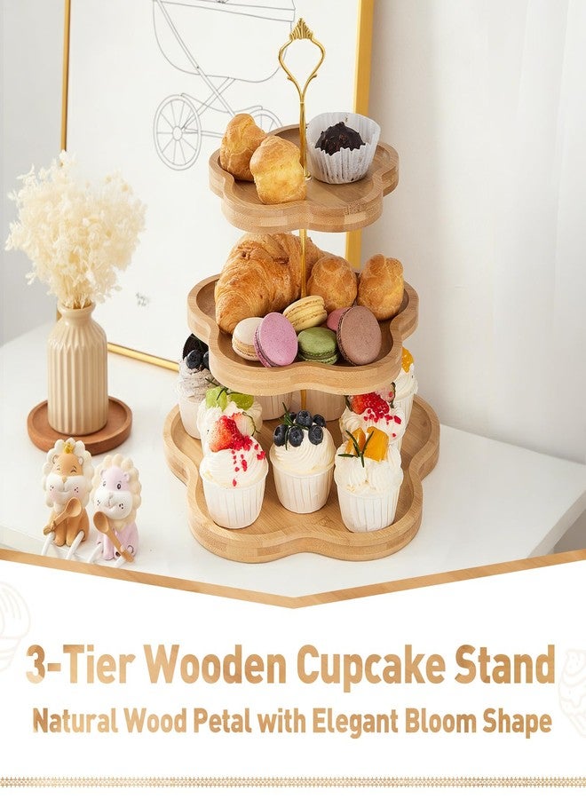 DUJUST Elegant 3-Tier Wooden Cupcake Stand with Flower-Shaped Design, Rustic Bamboo Tiered Serving Tray for Cupcake, Desserts, Tea Party, Wedding, Farmhouse & Kitchen Decor, Easy to Install & Clean - Image 2