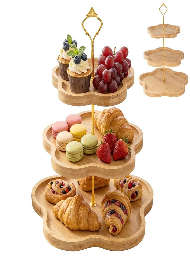 DUJUST Elegant 3-Tier Wooden Cupcake Stand with Flower-Shaped Design, Rustic Bamboo Tiered Serving Tray for Cupcake, Desserts, Tea Party, Wedding, Farmhouse & Kitchen Decor, Easy to Install & Clean - Image 1