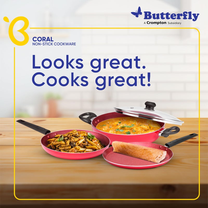 Butterfly Coral DLX KCP 3 Non Stick Cookware Set| Tawa 250 MM | Fry Pan 240 MM | Kadai 240 MM | Induction Base| Premium Virgin Aluminum | PFOA Free | Scratch Resistant | Velvet Red - Image 2