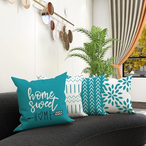 YCOLL Pillow Covers 18x18 Set of 4, Modern Sofa Throw Pillow Cover, Decorative Outdoor Linen Fabric Pillow Case for Couch Bed Car, Aqua Blue - Image 2