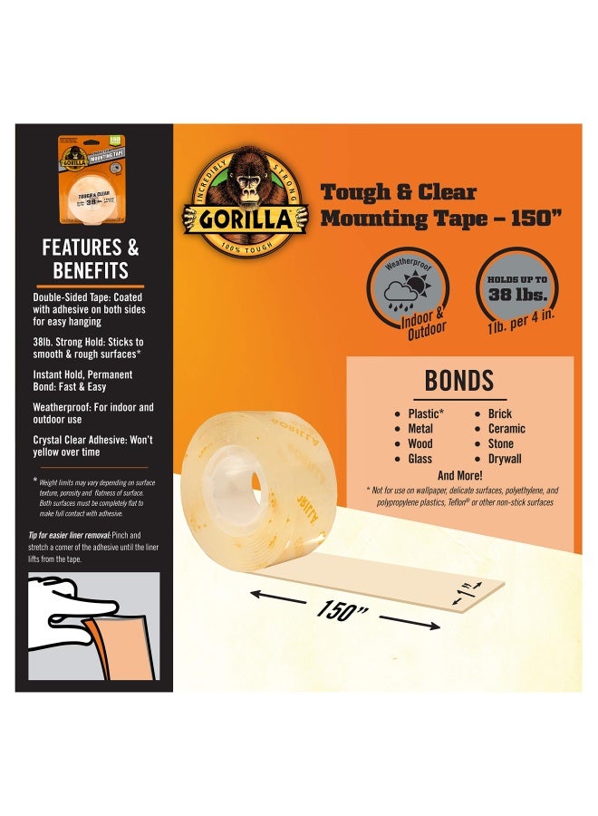 Gorilla Tough & Clear Double Sided Mounting Tape, Clear Tape, 1" x 150" (Pack of 1) - Weatherproof for Indoor or Outdoor - Image 3