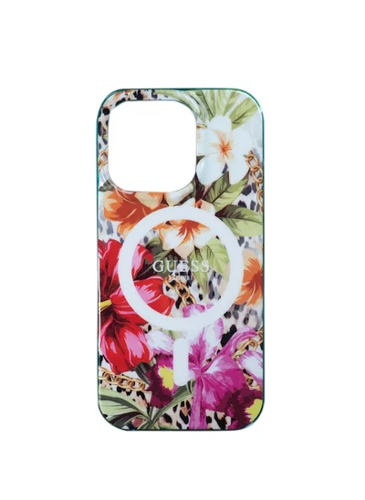 GUESS Magsafe Hard Case with Resin Flowers Design for iPhone 16 Pro / Drop protection / Slim Profile / Comfortable Grip-Orange
