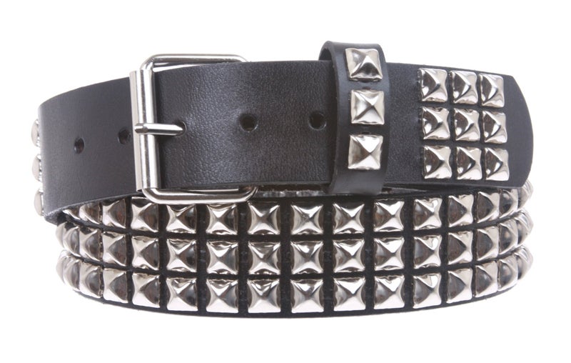 Beltiscool Snap On Three Row Punk Rock Star Metal Silver Studded Full Grain Cowhide Leather Belt, Black | 42" - Image 5