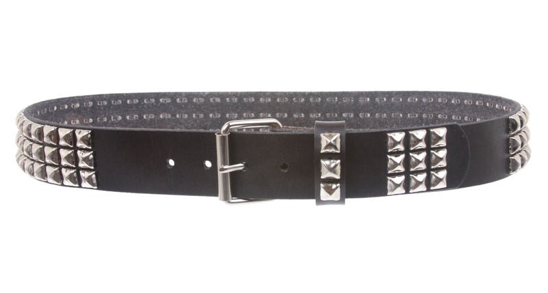 Beltiscool Snap On Three Row Punk Rock Star Metal Silver Studded Full Grain Cowhide Leather Belt, Black | 42" - Image 3