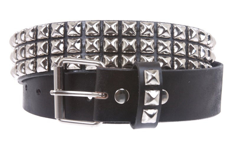 Beltiscool Snap On Three Row Punk Rock Star Metal Silver Studded Full Grain Cowhide Leather Belt, Black | 42" - Image 2