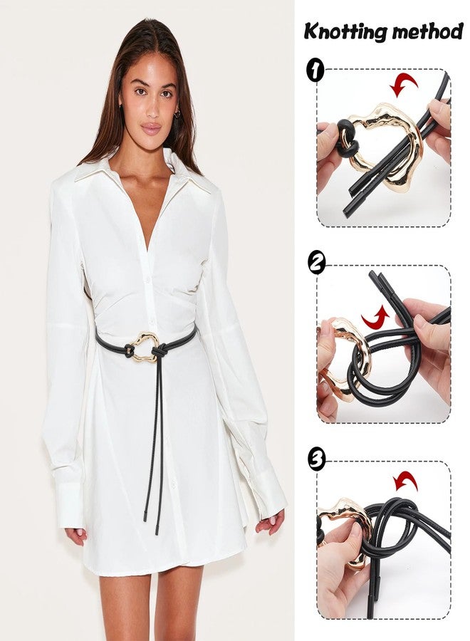 BAOKELAN Skinny Thin Belts for Women PU Leather Knotted Waist Belt with Gold Buckle for Dresses Black B - Image 2