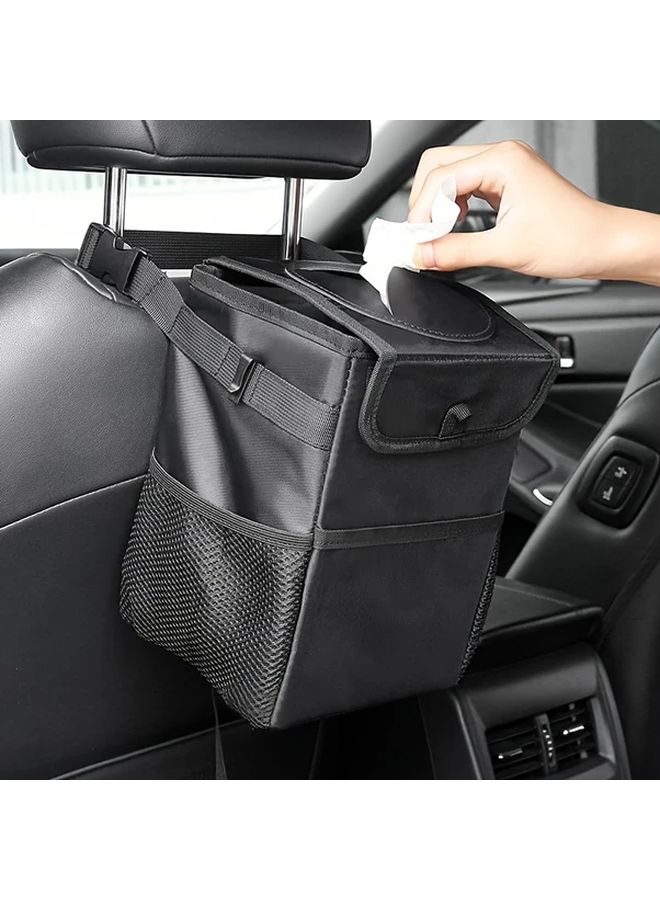 Leak Proof Collapsible Car Trash Can With Lid Black Durable Polyester Hanging Garbage Bag Storage Pockets - Image 4