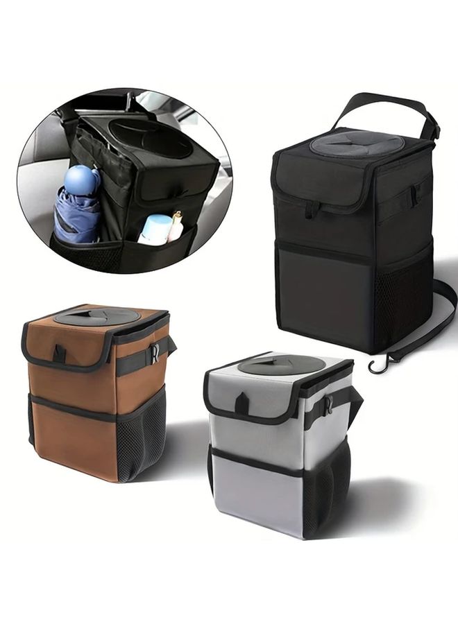 Leak Proof Collapsible Car Trash Can With Lid Black Durable Polyester Hanging Garbage Bag Storage Pockets - Image 1