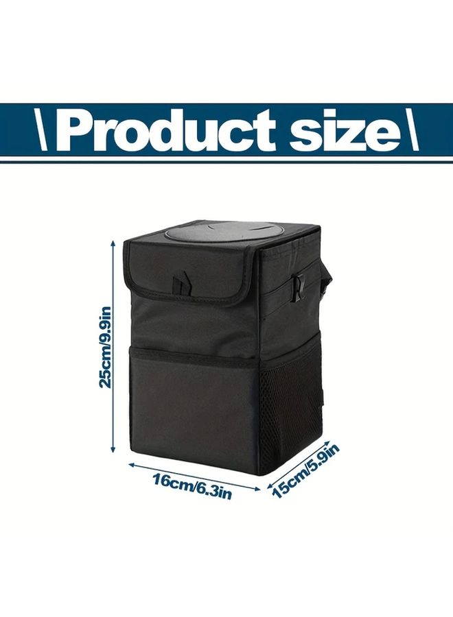 Leak Proof Collapsible Car Trash Can With Lid Black Durable Polyester Hanging Garbage Bag Storage Pockets - Image 2