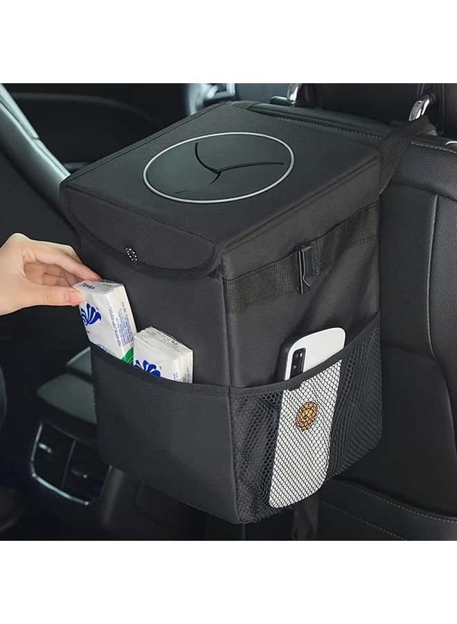 Leak Proof Collapsible Car Trash Can With Lid Black Durable Polyester Hanging Garbage Bag Storage Pockets - Image 5