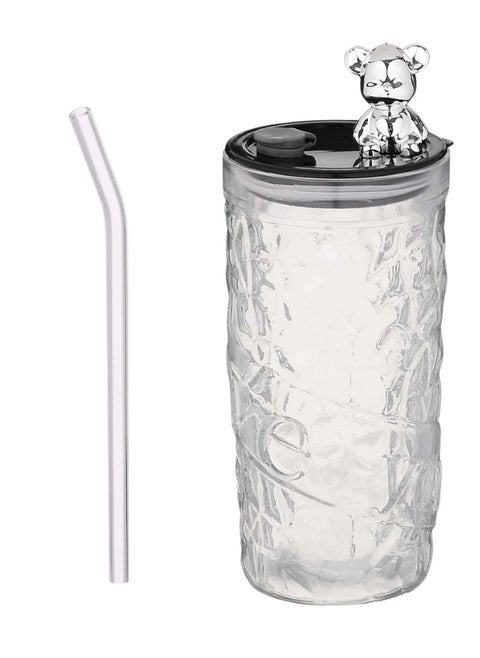 Glass cup with straw, glass with plastic lid, stylish design with a small teddy bear on the lid, for cold and hot drinks, 400 ml