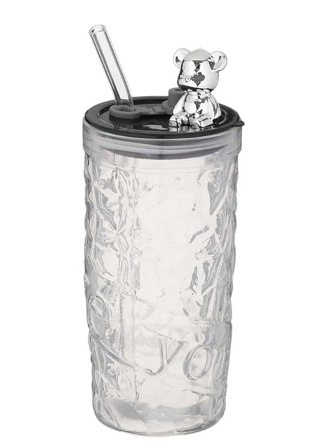 Glass cup with straw, glass with plastic lid, stylish design with a small teddy bear on the lid, for cold and hot drinks, 400 ml