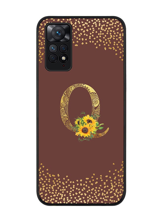 Rugged Black edge case for Redmi Note 11 4G/Redmi Note 11S Slim fit Soft Case Flexible Rubber Edges Anti Drop TPU Gel Thin Cover - Custom Monogram Initial Letter Floral Pattern Alphabet - Q (Brown )