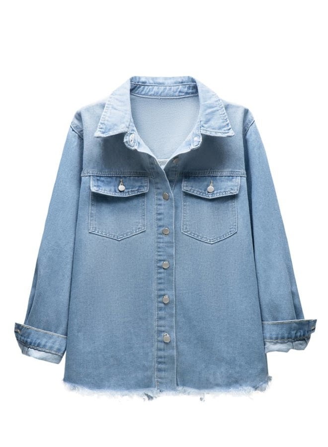 Bosmeer Women's Oversized Jean Jacket Casual Long Sleeve Denim Shirts Distressed Frayed Hem Denim Jackets Fall Outfits 2025, Blue, XL - Image 4