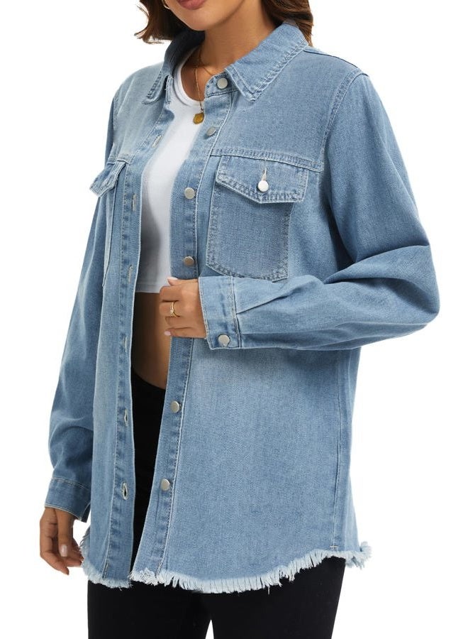 Bosmeer Women's Oversized Jean Jacket Casual Long Sleeve Denim Shirts Distressed Frayed Hem Denim Jackets Fall Outfits 2025, Blue, XL - Image 3