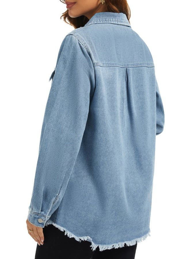 Bosmeer Women's Oversized Jean Jacket Casual Long Sleeve Denim Shirts Distressed Frayed Hem Denim Jackets Fall Outfits 2025, Blue, XL - Image 5