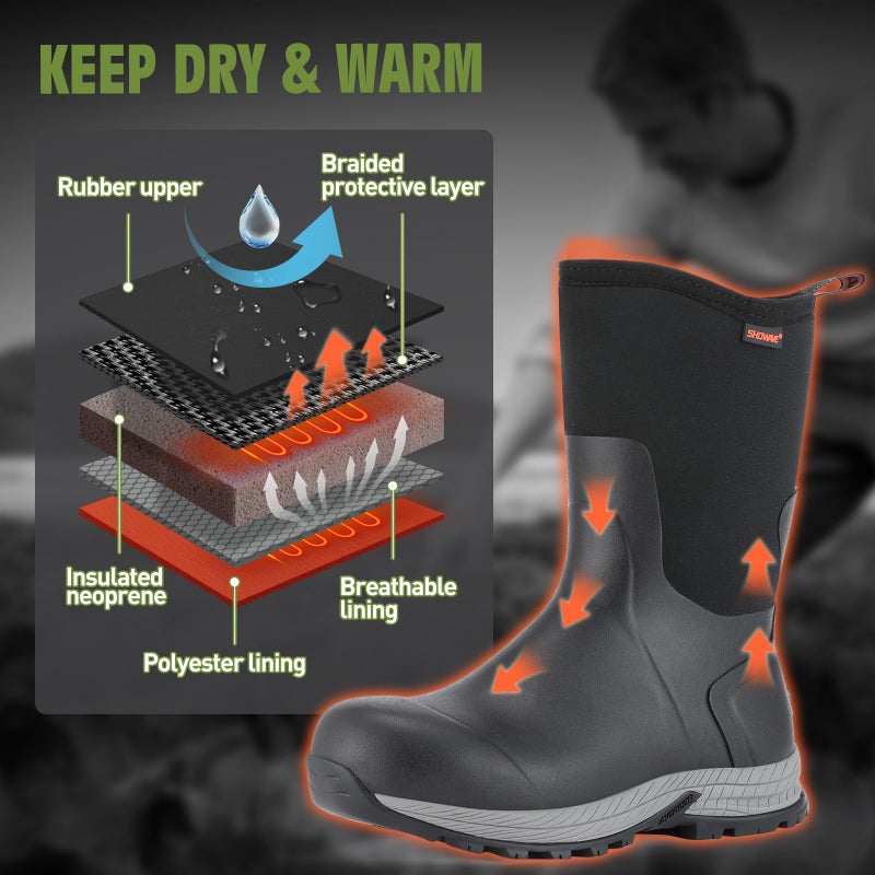 Showave Men's Rain Boots Excursion Rubber Boot Calf High Waterproof Insulated Mud Boots Outdoor Footwear for Trekking Gardening Farming Hunting Fishing, Black Size 13 - Image 5