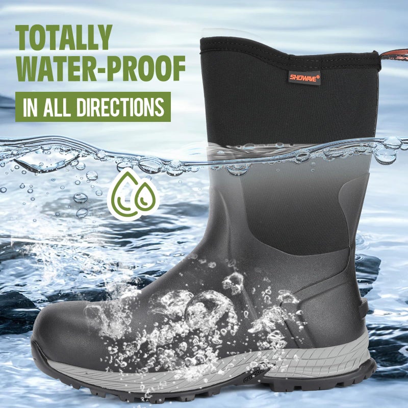 Showave Men's Rain Boots Excursion Rubber Boot Calf High Waterproof Insulated Mud Boots Outdoor Footwear for Trekking Gardening Farming Hunting Fishing, Black Size 13 - Image 4