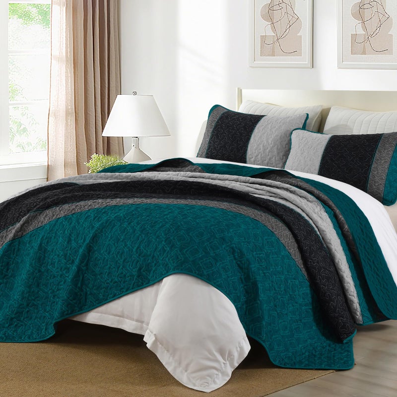 Cottolester Boho Quilt Set King Size,Striped Plaid Bedspread Coverlet Set,Peacock Blue Bedding Set Soft Microfiber Bedding Set with 2 Pillow Shams 110"x90" - Image 3