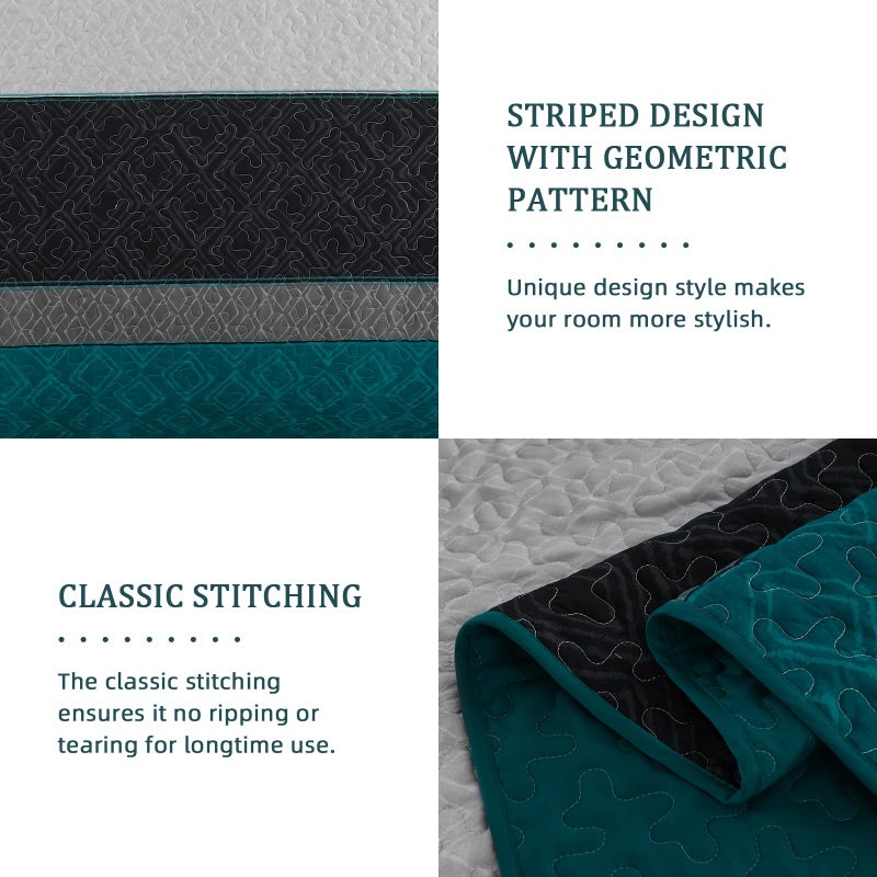 Cottolester Boho Quilt Set King Size,Striped Plaid Bedspread Coverlet Set,Peacock Blue Bedding Set Soft Microfiber Bedding Set with 2 Pillow Shams 110"x90" - Image 5