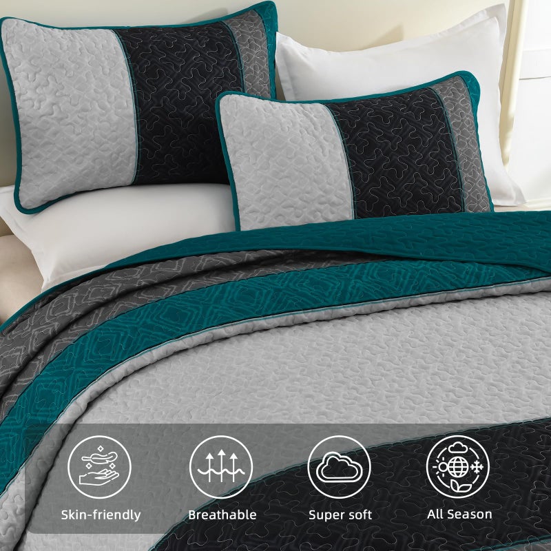 Cottolester Boho Quilt Set King Size,Striped Plaid Bedspread Coverlet Set,Peacock Blue Bedding Set Soft Microfiber Bedding Set with 2 Pillow Shams 110"x90" - Image 4