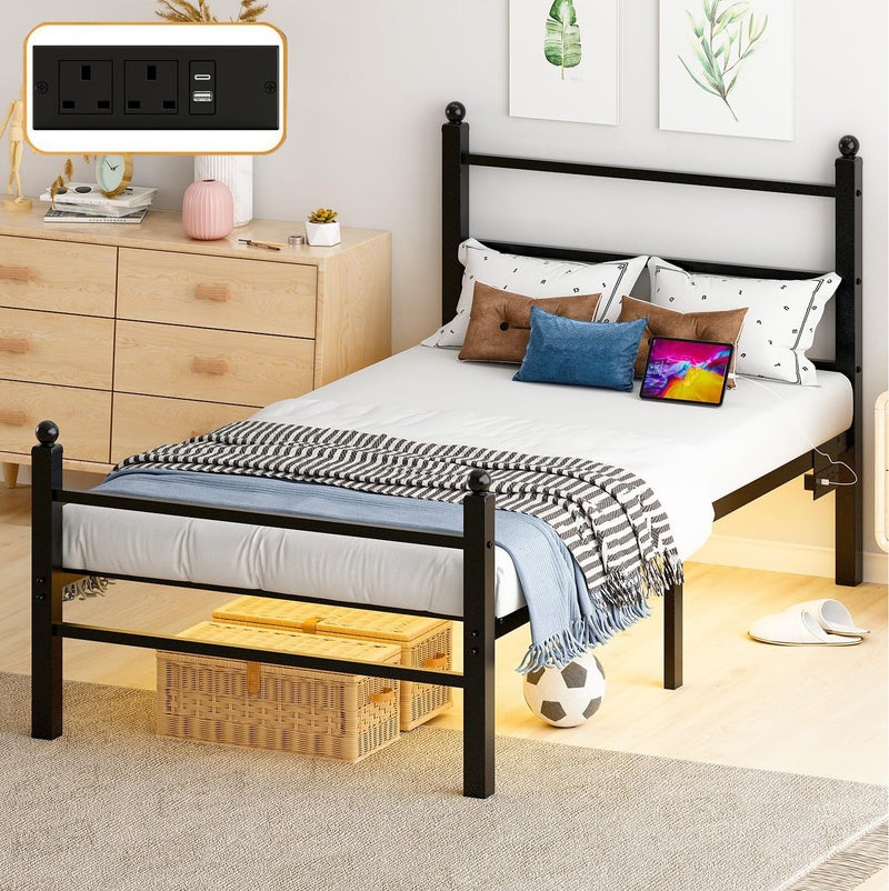 Yanara 90cm Single Size Bed Frames with Headboard and Footboard, Black Metal Platform Bed Frame with RGB LED Lights and USB Charging Station, Under Bed Storage, No Box Spring Needed, Suitable for Bedrooms, Easy Assembly - Image 1