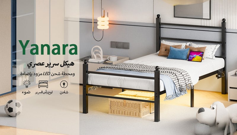 Yanara 90cm Single Size Bed Frames with Headboard and Footboard, Black Metal Platform Bed Frame with RGB LED Lights and USB Charging Station, Under Bed Storage, No Box Spring Needed, Suitable for Bedrooms, Easy Assembly - Image 2