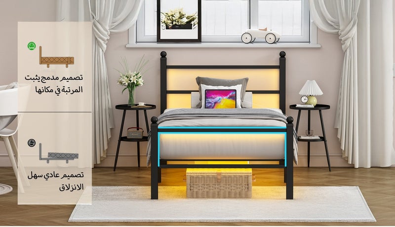 Yanara 90cm Single Size Bed Frames with Headboard and Footboard, Black Metal Platform Bed Frame with RGB LED Lights and USB Charging Station, Under Bed Storage, No Box Spring Needed, Suitable for Bedrooms, Easy Assembly - Image 3
