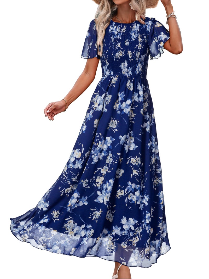 Simplee Apparel Simplee Womens Floral Maxi Wedding Guest Dress Bohemian Short Sleeve Loose Sundress Lightweight Flowy Prom Vacation Dress(Floral Blue 2 M) - Image 1