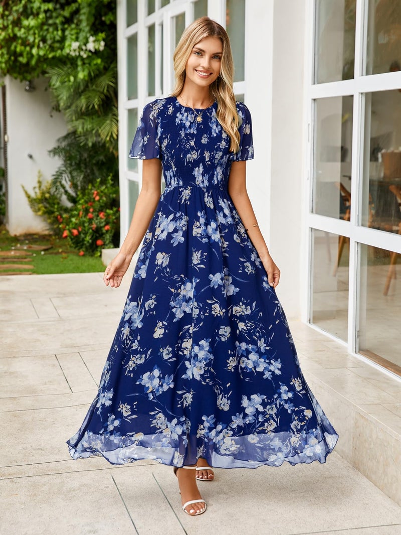 Simplee Apparel Simplee Womens Floral Maxi Wedding Guest Dress Bohemian Short Sleeve Loose Sundress Lightweight Flowy Prom Vacation Dress(Floral Blue 2 M) - Image 5
