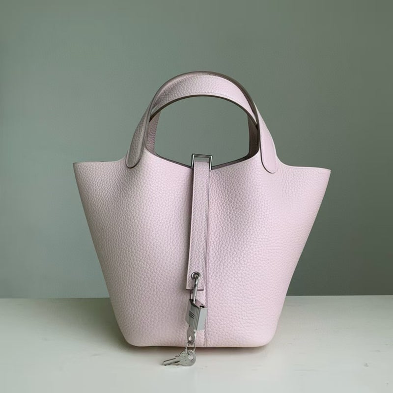 18cm Wax Line Hand Sewed TC Top Layer Cowhide Vegetable Basket Bag Bucket Bag Genuine Leather Womens Bag Handbag Fantasy pink purple 