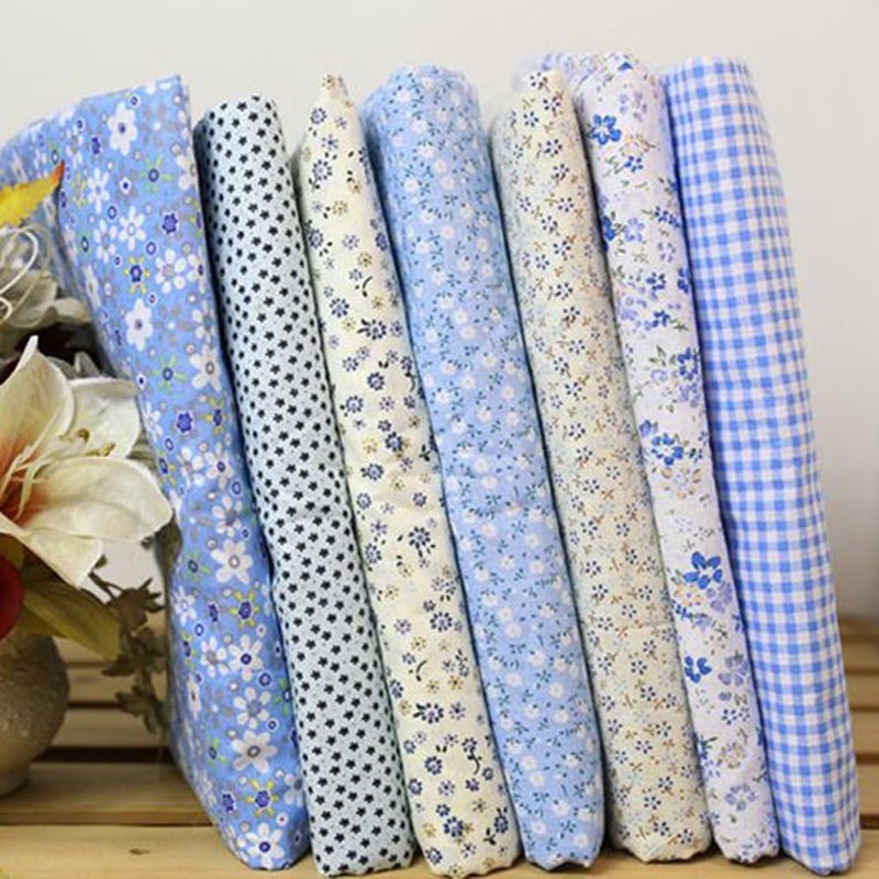 DPWOUM 7pcs/Set 25x25cm Cotton Fabric Flower Polka Dot Bundle DIY Patchwork Quilt Cloth,Square Shape,Flower,Striped,Polka Dot Cotton Fabric,Arts,Crafts and Sewing (Blue) - Image 1