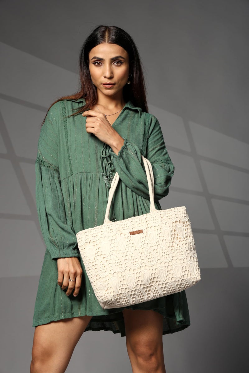 ENSAC Premium Cotton Tote Bag for Women, Stylish Handbag for women with Zip Closure | Fit for Office Bag, College, Travel Use | Handcrafted in India (Cutwork-tote-big) (Cutwork-Beige) - Image 2