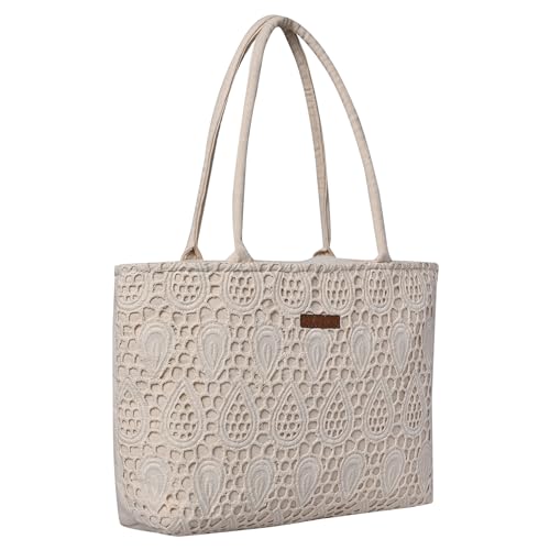 ENSAC Premium Cotton Tote Bag for Women, Stylish Handbag for women with Zip Closure | Fit for Office Bag, College, Travel Use | Handcrafted in India (Cutwork-tote-big) (Cutwork-Beige) - Image 1