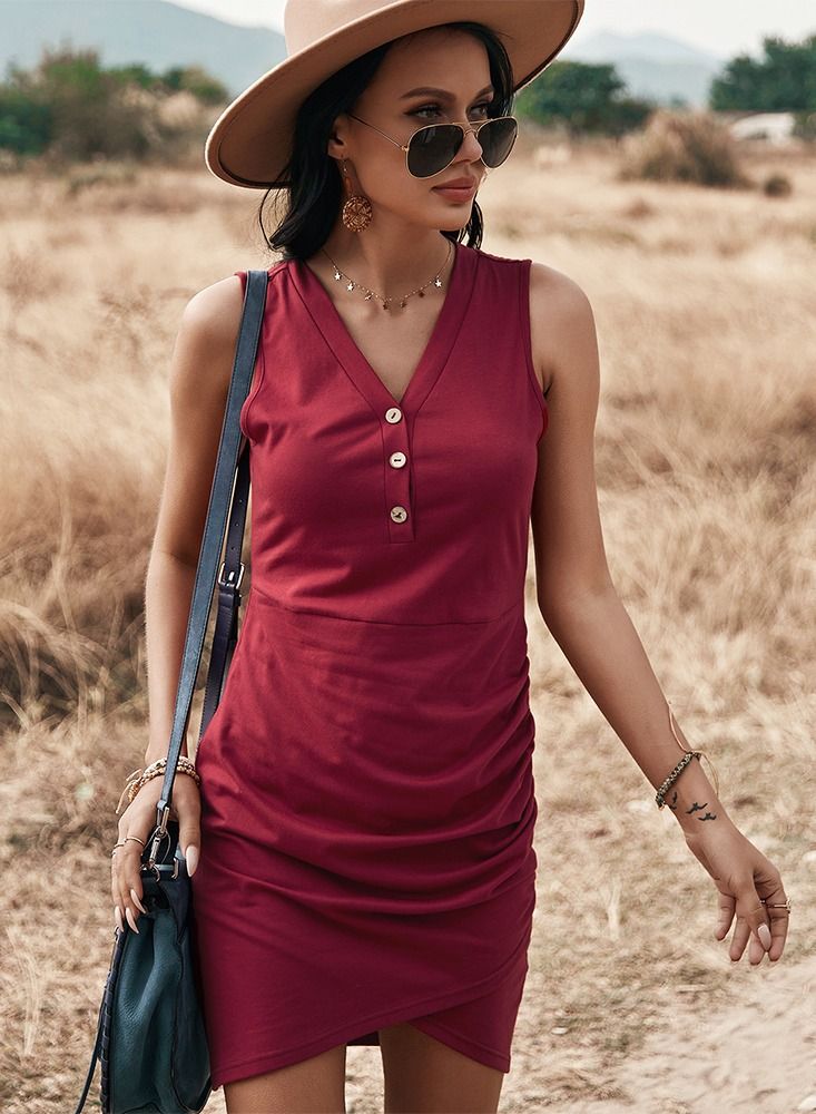 Loquat Spring And Summer Vest Solid Color Dress Shrink Waist Show Thin Red - Image 1