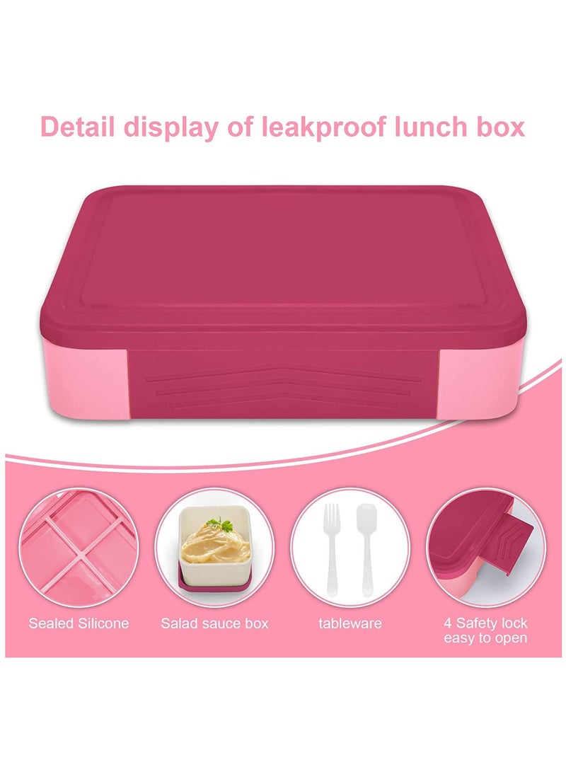صندوق بينتو، غداء للأطفال، حاوية مانعة للتسرب سعة 1300 مل مع 5 حجرات وأواني (وردي) - Image 4