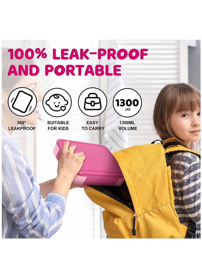 صندوق بينتو، غداء للأطفال، حاوية مانعة للتسرب سعة 1300 مل مع 5 حجرات وأواني (وردي) - Image 2