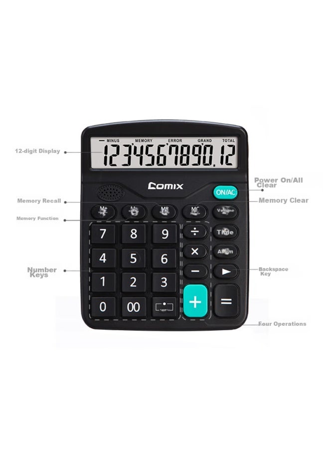 COMIX Desktop Office Calculator, 12-digit Large Screen Voice Calculator, Office Stationery Supplies, Black, C-9680 - Image 3