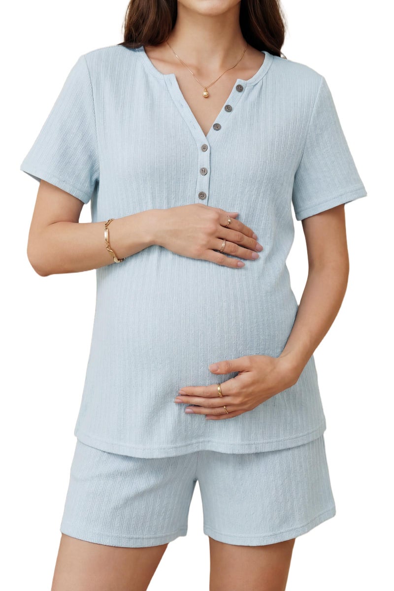 OUGES Women's 100% Cotton 2 Piece Maternity Nursing Pajama Sets Pregnancy Postpartum Loungewear with Pockets(Light Blue,M) - Image 1