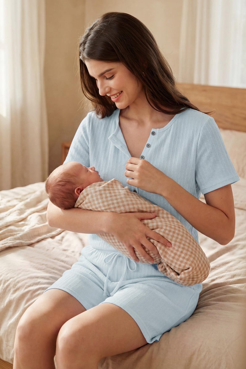 OUGES Women's 100% Cotton 2 Piece Maternity Nursing Pajama Sets Pregnancy Postpartum Loungewear with Pockets(Light Blue,M) - Image 2